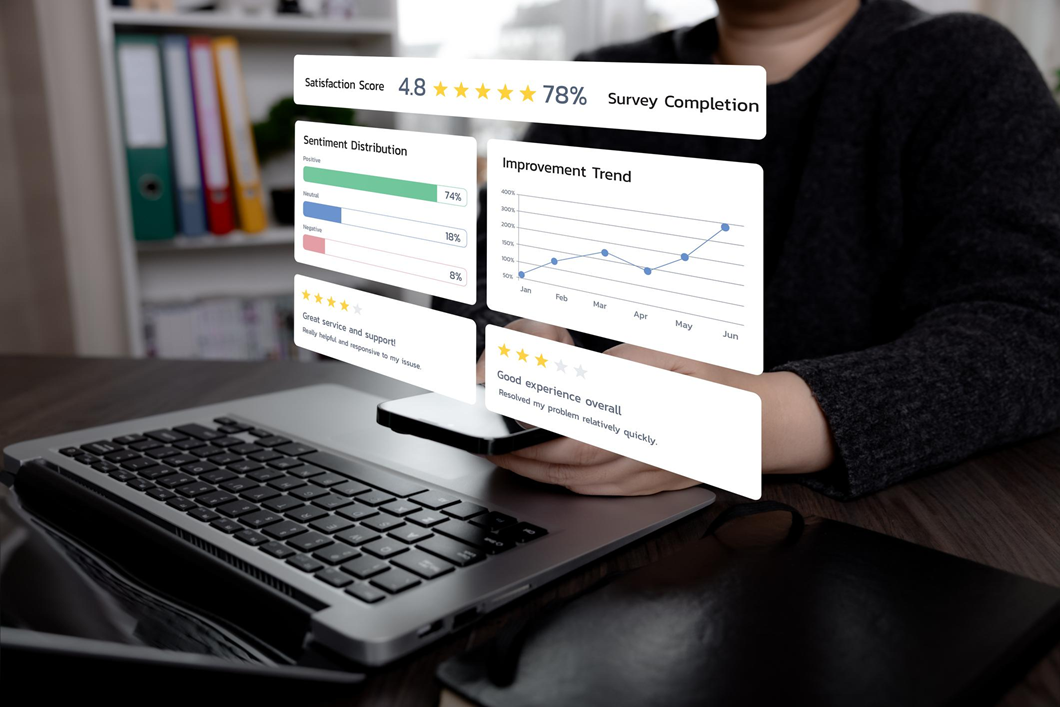 Business team analyzing customer behavior survey data and customer preferences