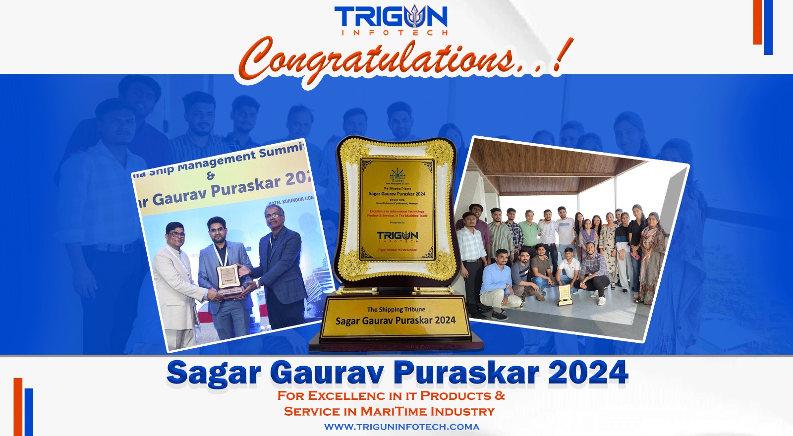 Trigun Infotech team celebrating the Sagar Gaurav Puraskar award for maritime IT excellence.